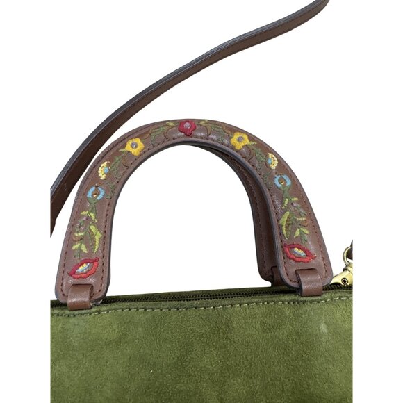 Relic Green Suede Brown Leather Floral Handle Crossbody Bag SKU 7056 - Picture 2 of 13